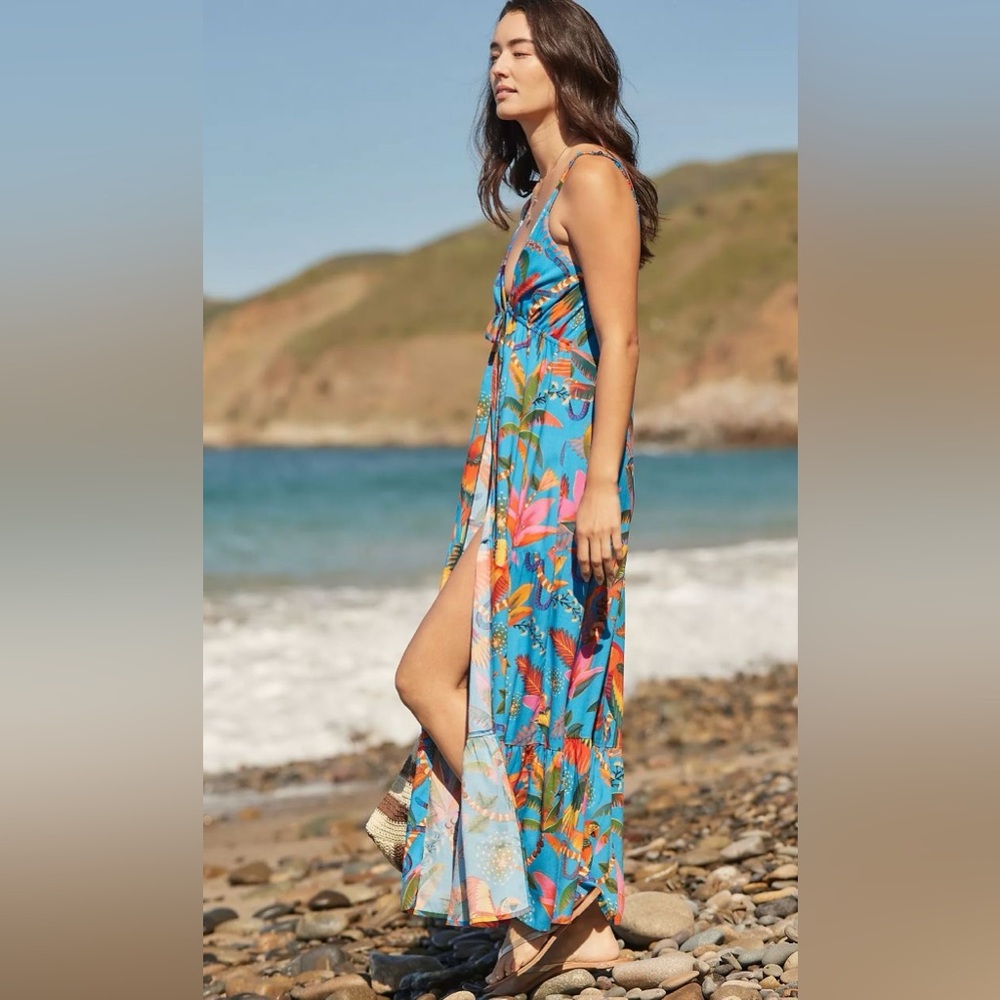 FARM Rio Blue Tropical Floral Maxi Swim Coverup